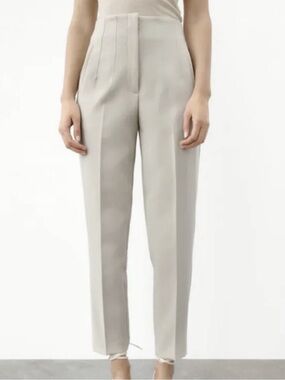 Zara High-Waist Straight Leg Beige Trousers Pleated